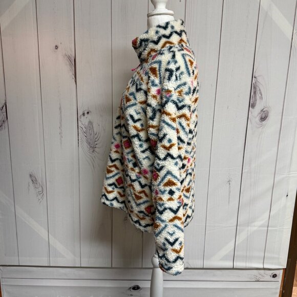 Eddie Bauer Aztec Sherpa Fleece Pullover Women’s Large Cream Multi 1/4 Zip EUC - Picture 4 of 10